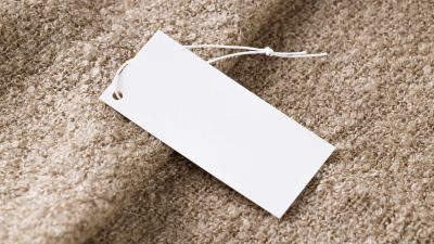 Blank white tag lying on textured fabric