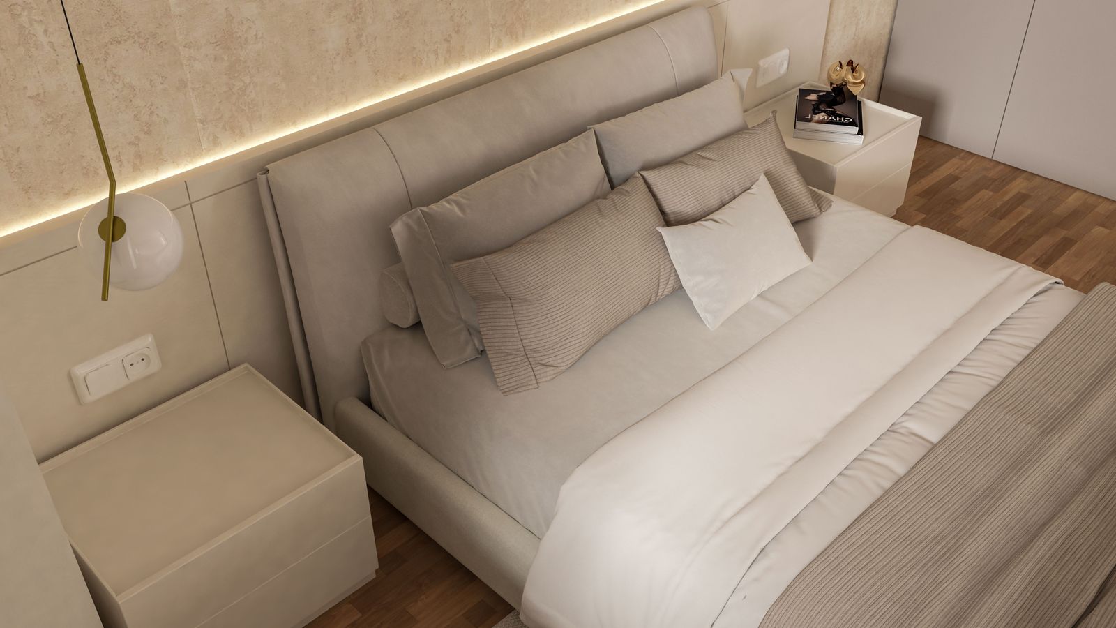 Modern bedroom with a made bed and neutral bedding